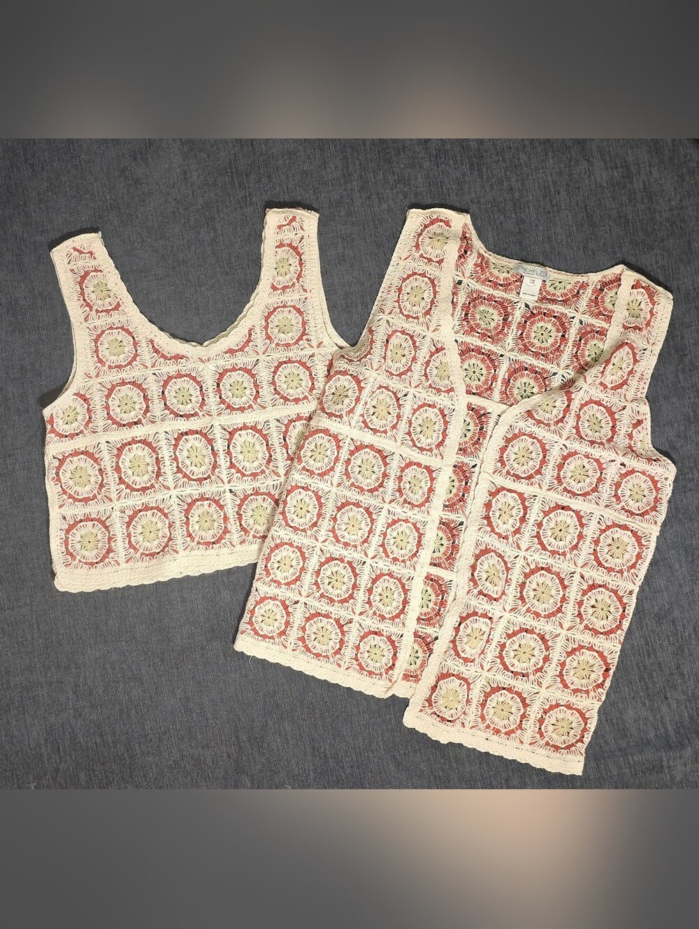 Rachel Zoe Crochet Tank and Vest Set in Cream and Coral Boho Hippie Fall